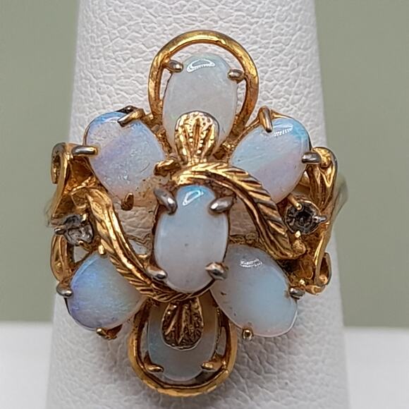 Vintage KAOS Opal Ring, Size 6 3/4, 14KHGE, 2 Dark Rhinestones - Picture 2 of 10